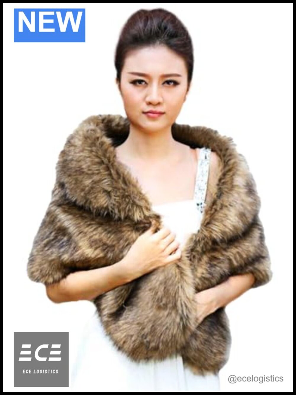 Faux Fur Wedding Wrap Shawl with Rhinestone Brooch